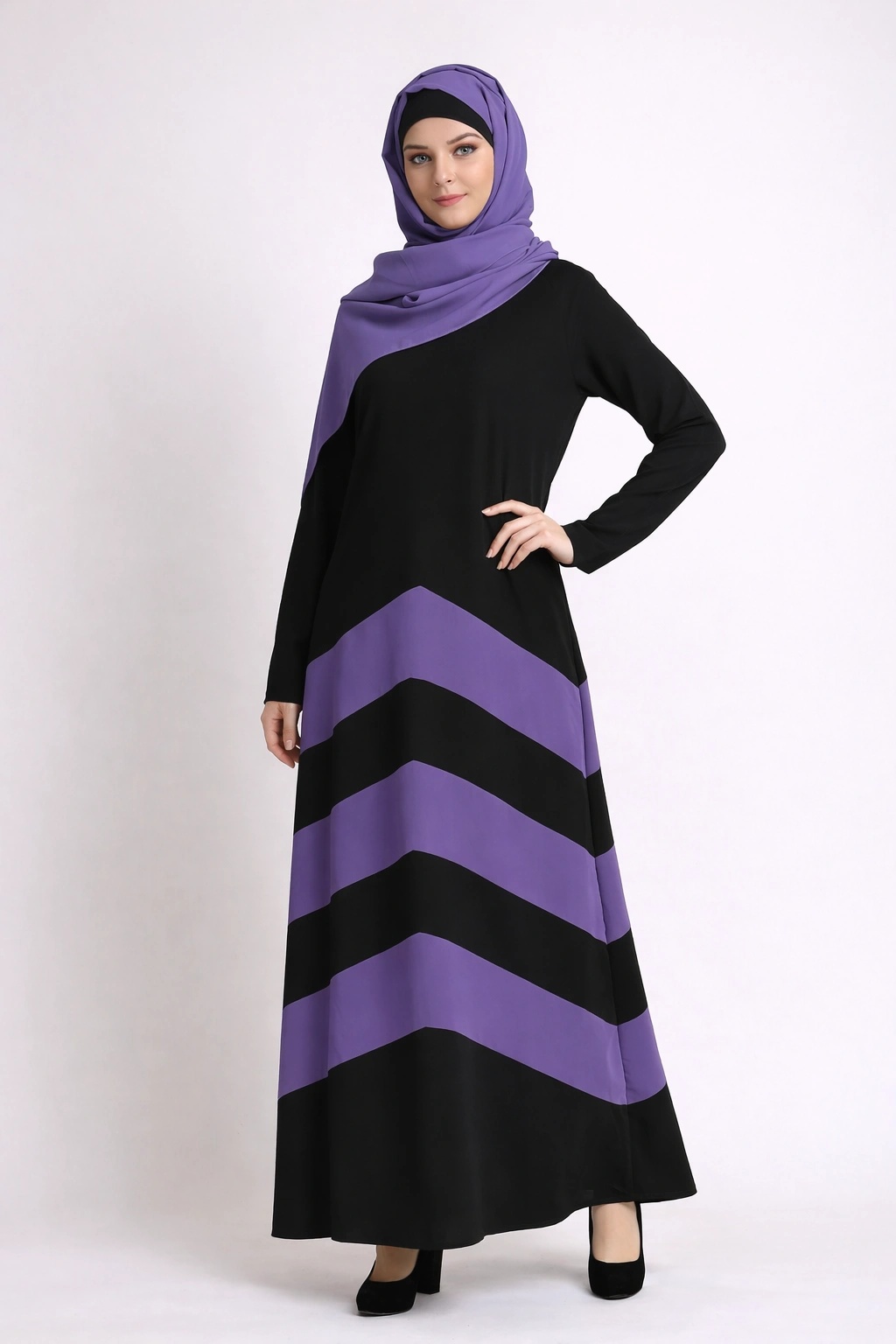 Chevron Stripe Duo-Color Abaya Mauveine 1