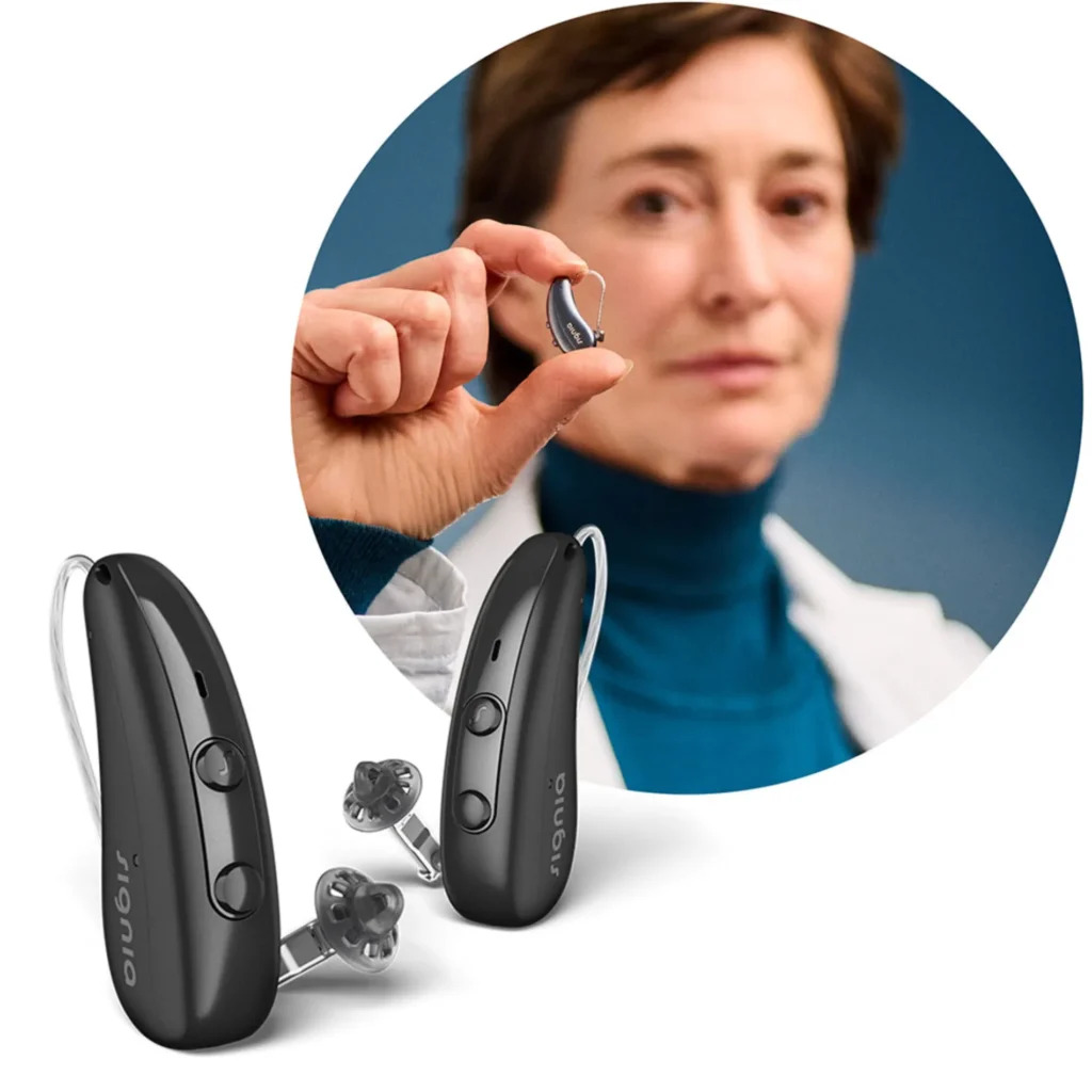 Pure-Charge-Go-IX_lab_woman-holding-hearing-aids_circle_montage_1000x1000-1024x1024