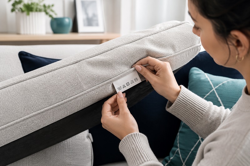 girl checking upholstery logo